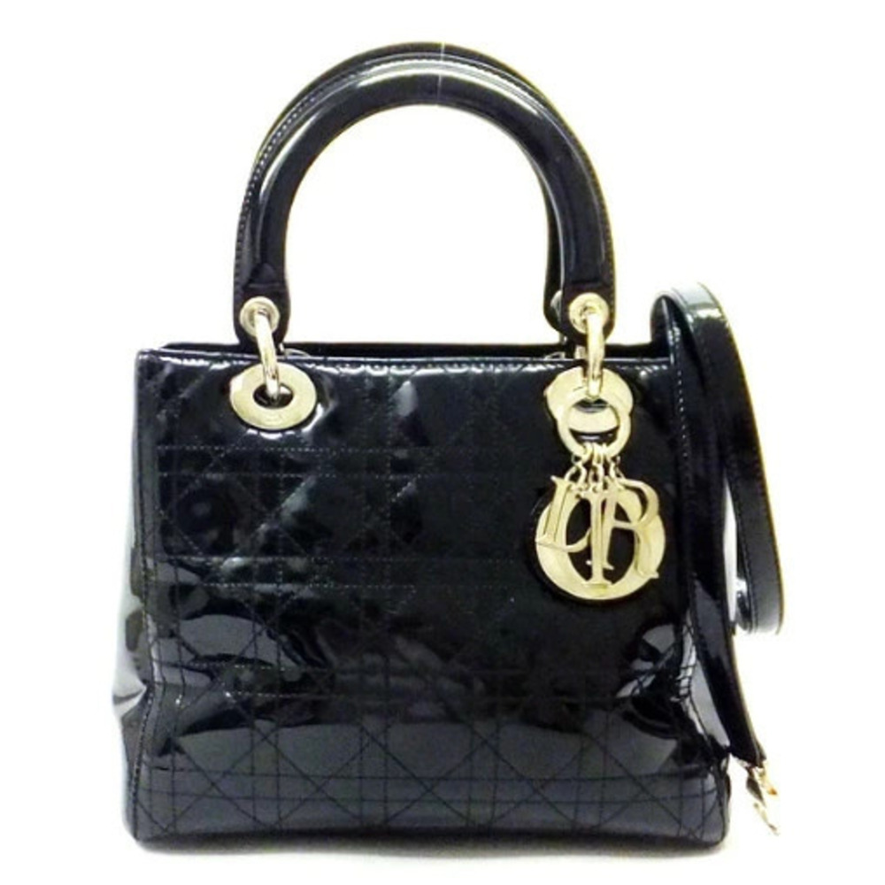Christian Dior Lady Cannage Handbag Enamel Black